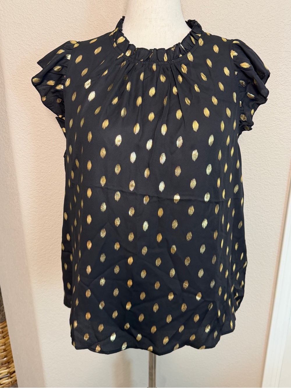 Black Flutter-Sleeve Metallic Dot Blouse